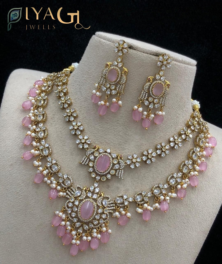 White green pink stone polished floral layered artificial jewellery necklace set for ethnic festivities - PiyaGuJwells