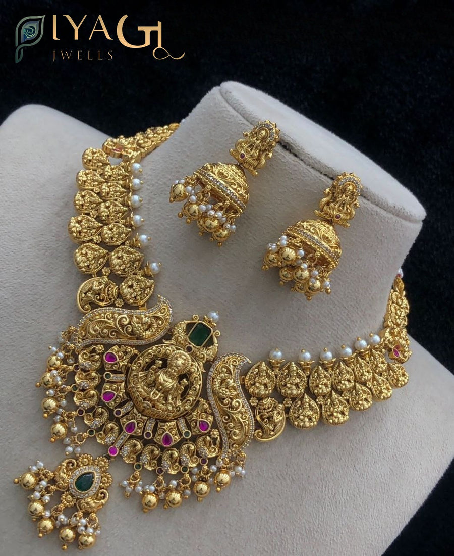 Polished gold multicolor jadau floral temple design choker necklace earring bridal set - PiyaGuJwells