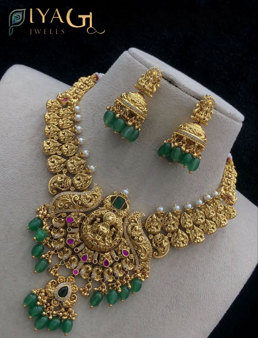 Polished gold multicolor jadau floral temple design choker necklace earring bridal set - PiyaGuJwells