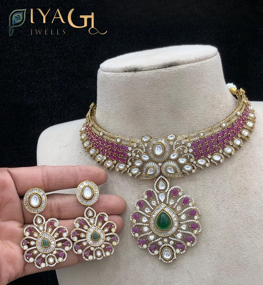 Gold polished floral multicolor stone choker set for ethnic wear - PiyaGuJwells