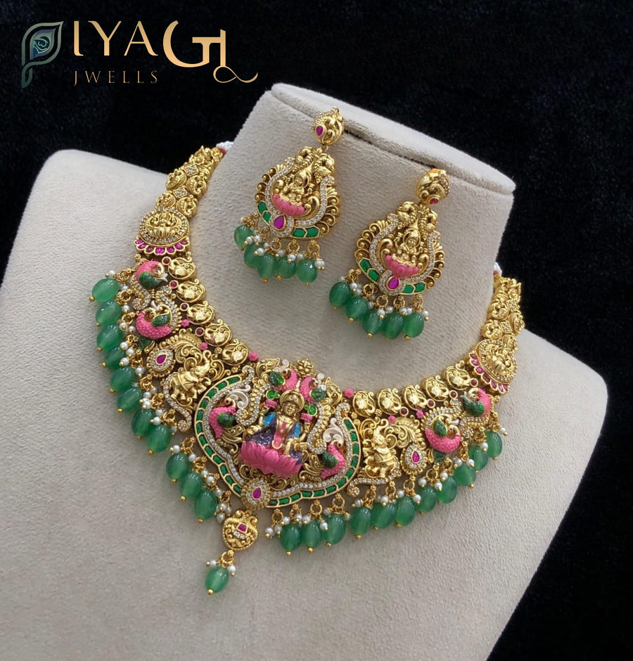 Gold matte finish stone peacock design choker necklace for festive wear - PiyaGuJwells