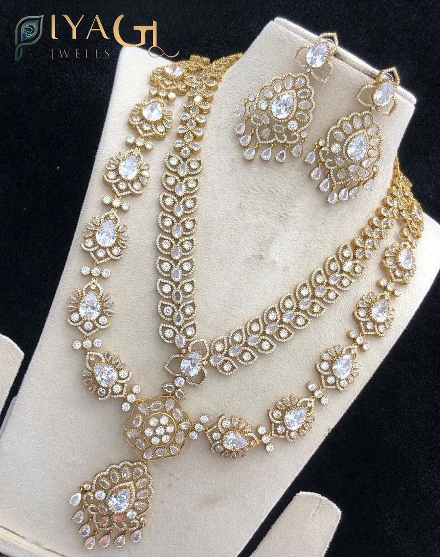 Gold-tone layered white stone floral design bridal necklace set - PiyaGuJwells
