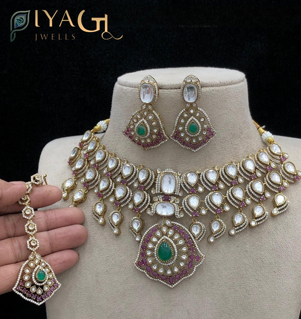 Gold white stone polished choker necklace set for ethnic wear - PiyaGuJwells