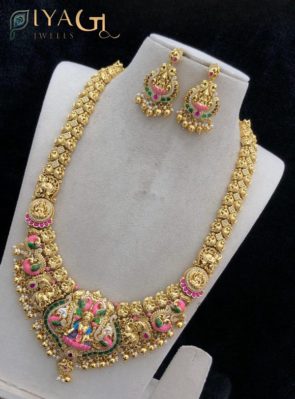 Gold tone multicolor meenakari matte finish layered temple design necklace set for festive wear - PiyaGuJwells