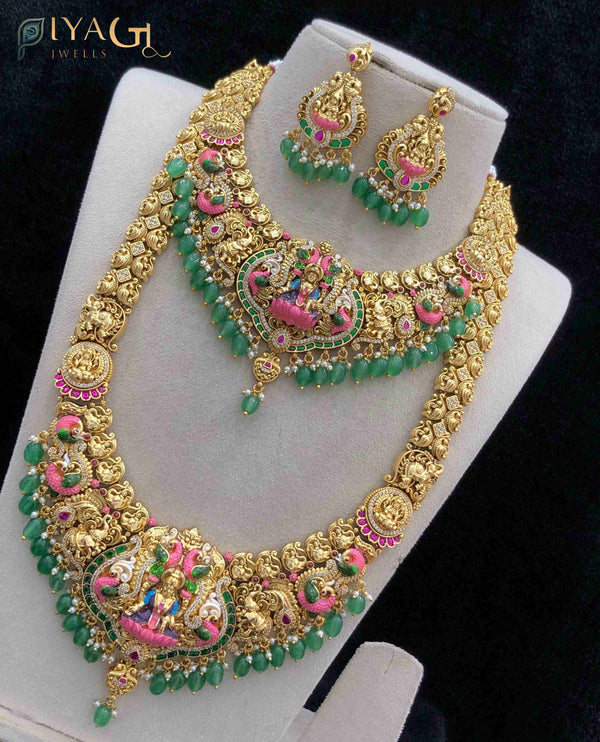 Gold matte stone floral choker necklace set for festive occasions - PiyaGuJwells