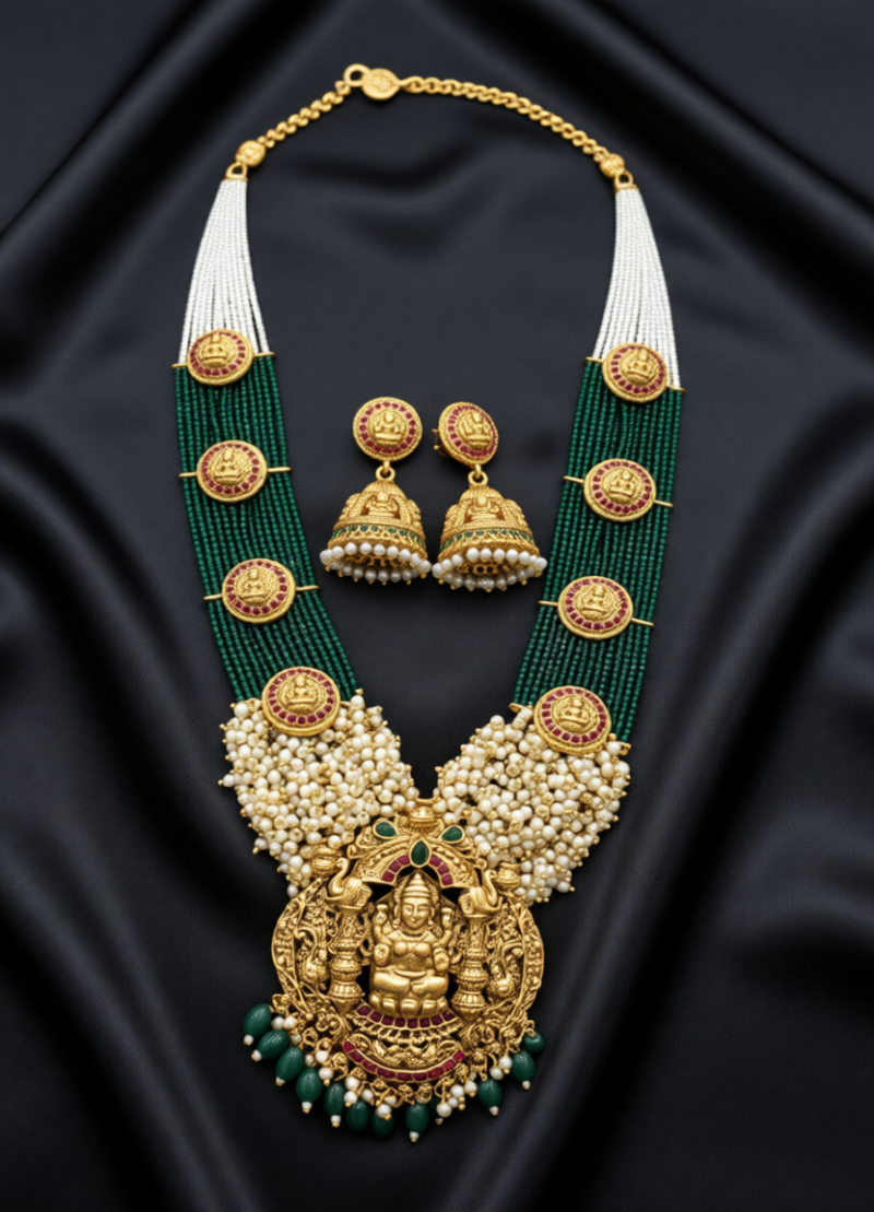 Antique Polish Premium Quality Brass Metal Kempu Stone Exclusive Hydro Crystal Beads Pearl Hanging Long Haram Set | PiyaGuJwells